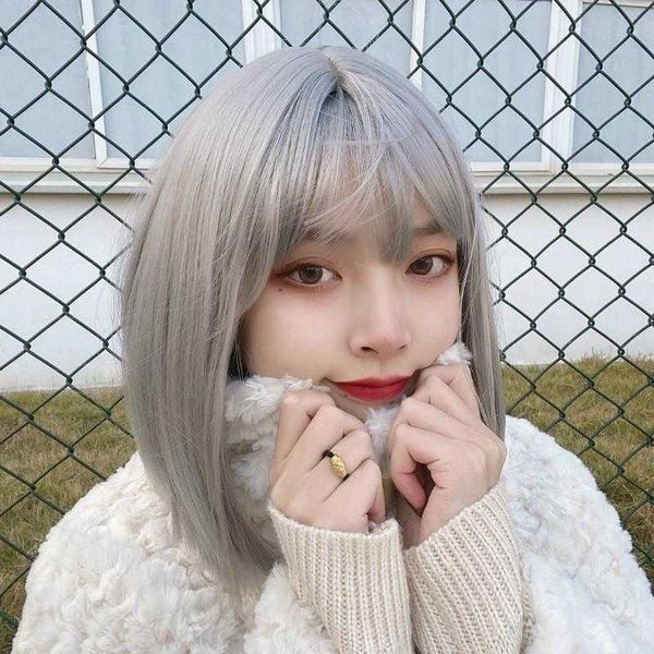 

womens tuan style wig short straight hair cartoon bangs silver gray bobo tail with, Black