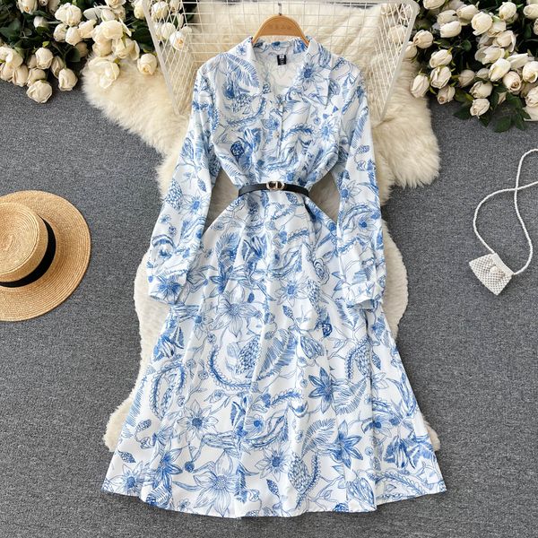 

premium long sleeve dress spring chic printed blue and white porcelain french style medium length waistband westernized a-line skirt, Black;gray