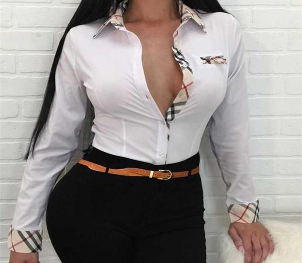 

spring autumn women039s solid shirt femme plaid trim buttoned up casual long sleeve blouse office ladies elegant outfits 2103157395564, White