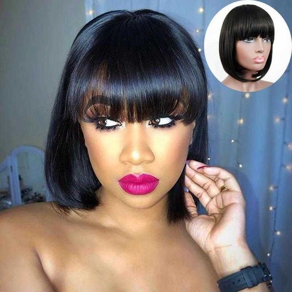 

wig bob haircut bangs short straight hair womens headgear, Black