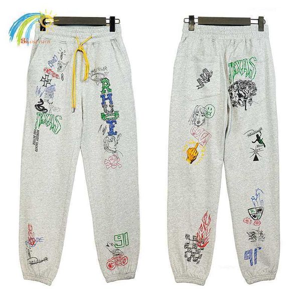 

hip hop streetwear hand painted graffiti rhude sweatpants men women 1 1 cotton jogger drawstring gray pants rhude trousers, Black