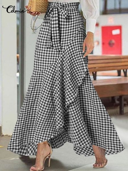 

skirts celmia women plaid long skirt 2023 summer elegant asymmetrical ruffled high waist mujer faldas casual pleat mermaid jupe longue 23031, Black