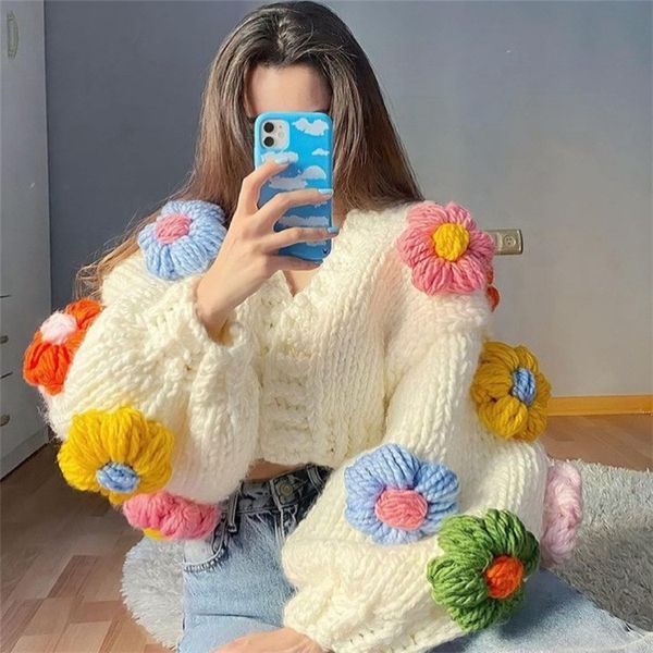 

women's knits tees y daisy cardigan open stitch balloon sleeve colorful puffy flower knit crop aesthetic clothes 230317, White