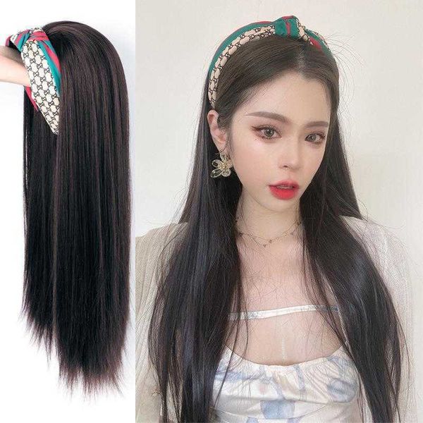 

tiktok shop fast hand hair band wig set integrated half headgear long straight, Black