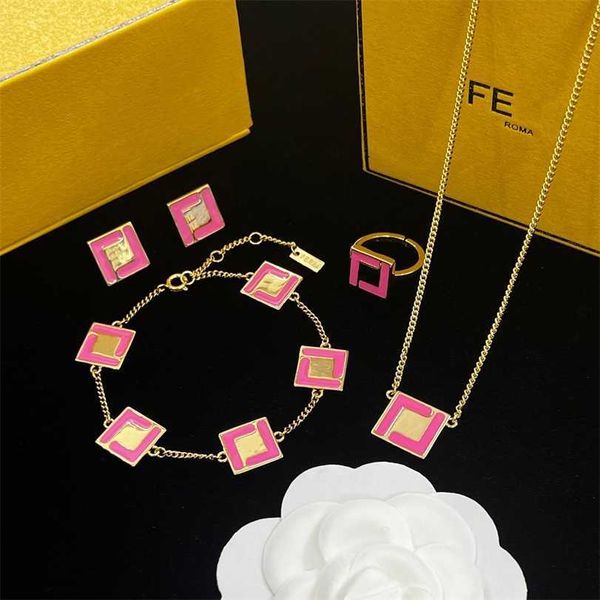 

2023 designer new fenjia premium feeling glue drop pink letter f necklace temperament square brand bracelet ear stud open ring ins style, Silver