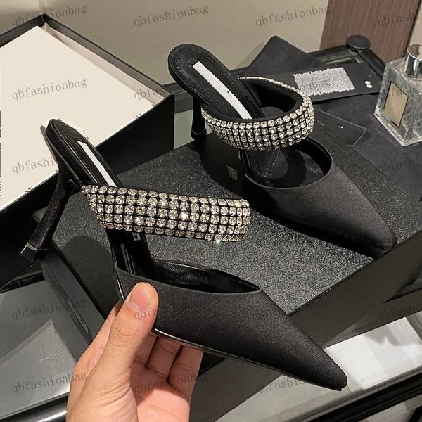 

classic designer womens high heels stiletto pointed rhinestones real leather sandals slippers heightener shoes dress banquet shoes brand off, Black