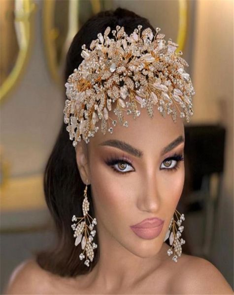 

luxury wedding bridal beads headband gold crown tiaras crystal rhinestone hairband earrings jewelry set fashion prom bling hair ac1198047, Slivery;golden