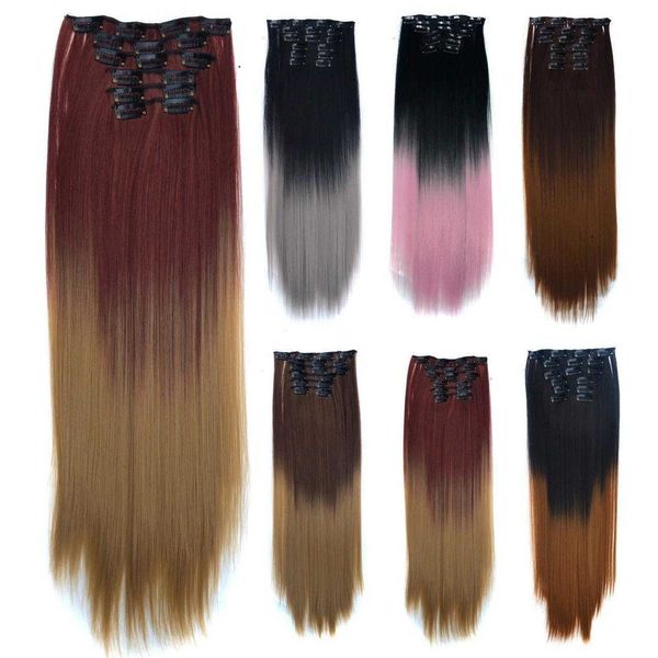 

set hairpiece clip 6 piece straight color gradient hair 16 card, Black;brown