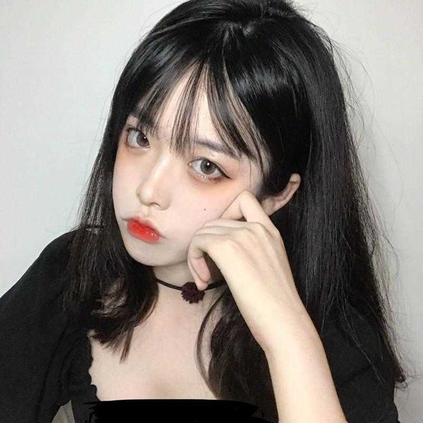 

wig womens air bangs mid length straight hair matte silk rose net head cover, Black