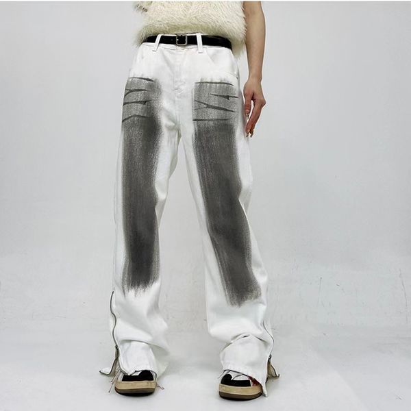 

painted washed white men's plus size pants women's jeans pants straight spliced baggy casual denim trousers, Black;brown