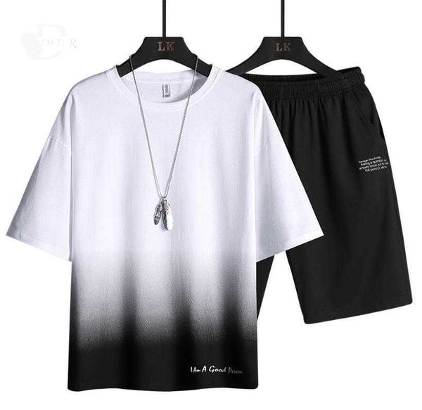 

men's tracksuits gradient color summer fashion clothing two piece men sweat suits short sleeve set the price ofe10h, Gray