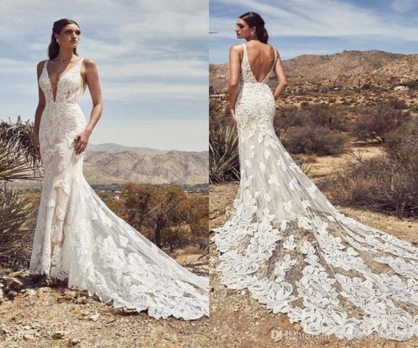 

plus size deep v neck lace mermaid wedding dresses tiered tulle applique backless court train wedding bridal gowns robes de m8567874, White