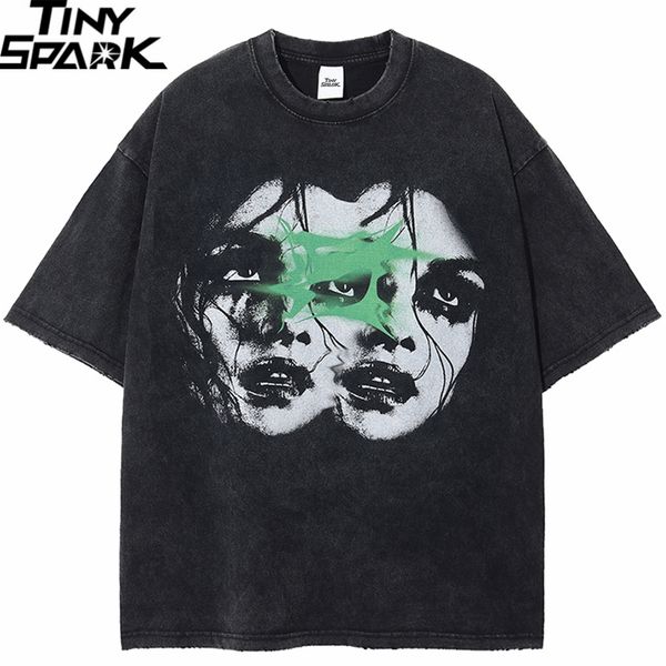

mens tshirts men hip hop streetwear tshirt washed black ripped retro vintage double faces graphic tshirt 2023 summer t shirt cotton 230317, White;black
