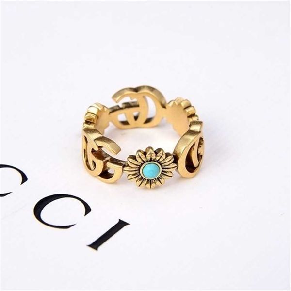 

2023 designer new fashion jewelry ancient family double letter daisy turquoise ring female light luxury fashion couple ring, Silver