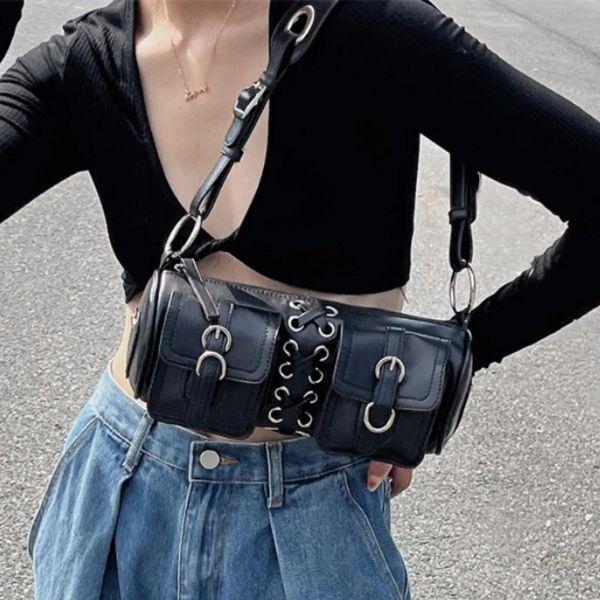 

vintage black women cylinder underarm bags double pocket design ladies shoulder bag fashion female pu leather purse handbags