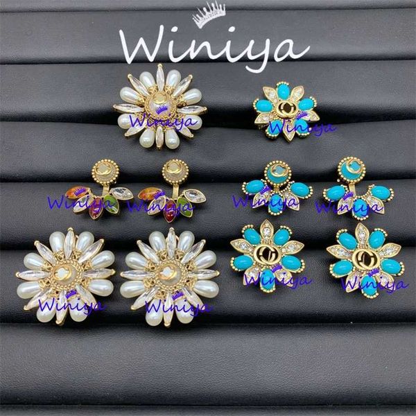 

2023 designer new gujia suit/gjia new letter inlaid diamond pearl color matching flower opening ring earrings temperament jewelry, Silver