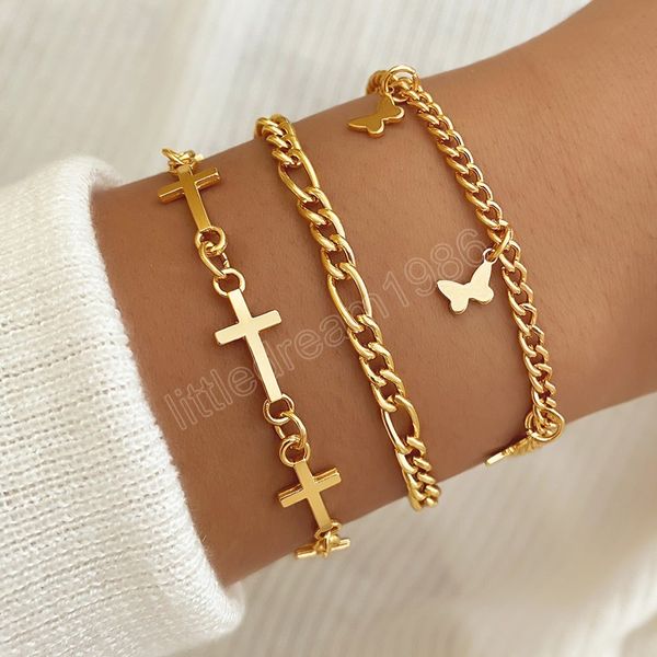 

gold color bracelet for women cross chain butterfly pendants charm summer bracelets set fashion jewelry gifts, Golden;silver