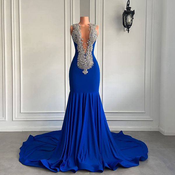 

elegant v-neck prom dresses 2023 mermaid style luxury sparkly diamond beads royal blue spandex black girl evening gala gowns robe de soiree