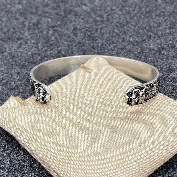 

2023 designer new jewelry double sterling silver zodiac tiger head men's and women's bracelet personality fashion open bracelet, Black