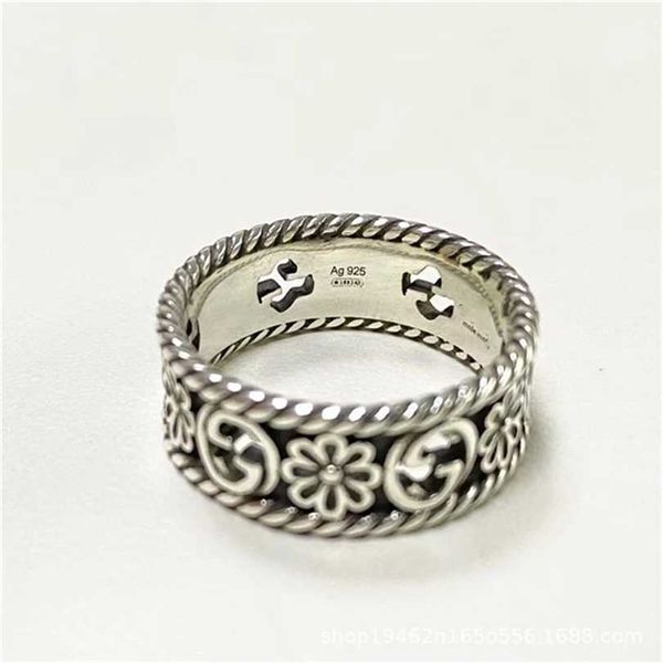 

2023 designer new fashion jewelry gujia mingchi hollow carved double skeleton little daisy flower couple wide and narrow ring male, Silver