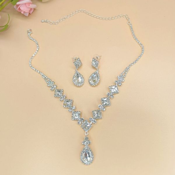 

women water drop style necklace pendant earring suit inlaid austria crystal earring use tide elements twinkle bridal necklace new style non, Silver
