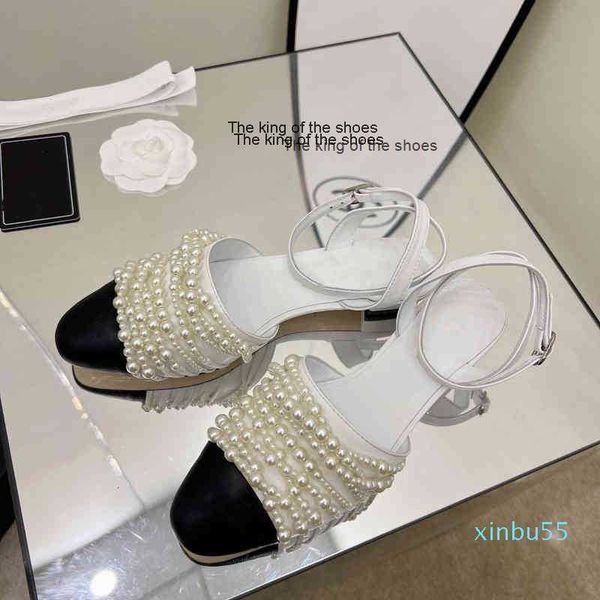 

slipperschain sandals pearl baotou sandals small fragrant wind thick heel sheepskin women's shoes spring and summer french single, Black