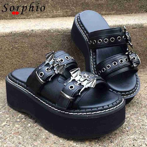 

sorphio summer 2023 double strap buckles platform wedges fashion goth slippers women's metal sandal for comfy black shoes 0318