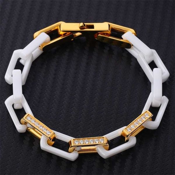 

2023 designer new versatile design stainless steel splay buckle personalized ceramic donkey family bamboo chain square splicing bracelet, Black