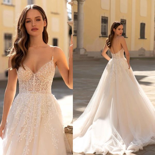 

gorgeous a line wedding dresses spaghetti straps lace applique floor length tulle custom made plus size beach wedding bridal gown, White