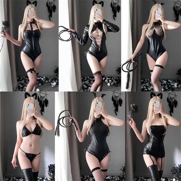 

funny lingerie lacquer leather little devil role play cos set open range three point back pajamas, Black;white
