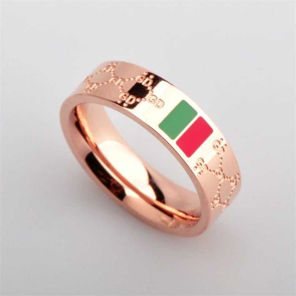 

2023 designer new g family word couple korean version simple fashion titanium steel red and green two-color ring, Silver