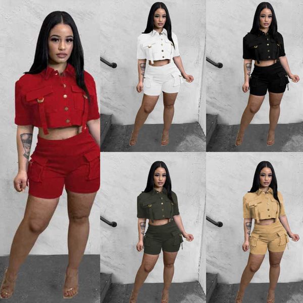 

womens tracksuits summer button multi pocket two piece set elastic short sleeved and shorts outfits, Gray