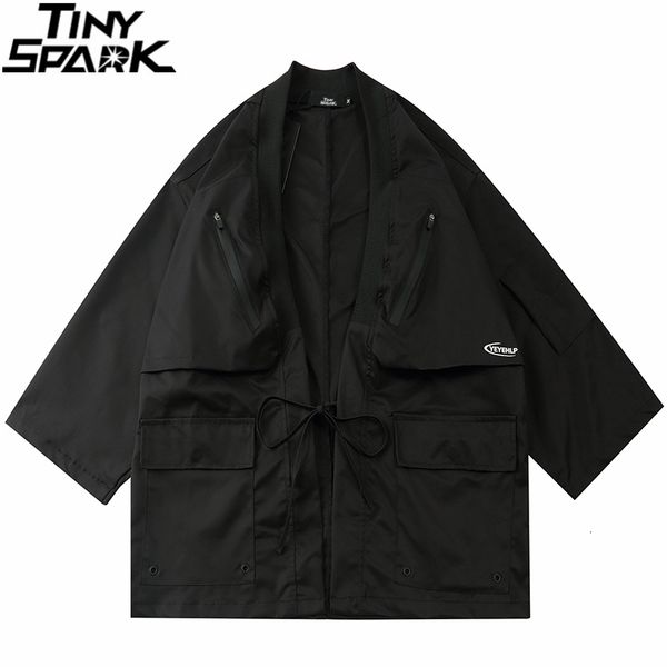 

mens jackets 2023 japanese kimono jacket zipper pockets hip hop men black jacket streetwear harajuku japan style cardigan jacket kimono 2303, Black;brown