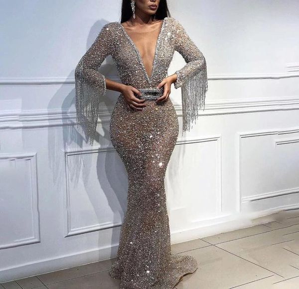 

full sequins reflective mermaid blue prom dresses beads deep v neck long sleeves evening gowns with tassels sweep train formal par8958629, Black