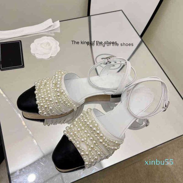 

chain sandals pearl baotou sandals small fragrant wind thick heel sheepskin women's shoes spring and summer french single, Black