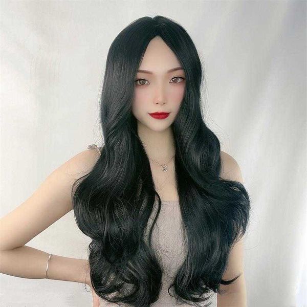 

wig womens mid length long curly hair black big wave mechanism headgear support