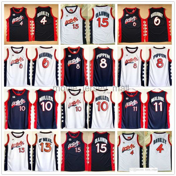 

stitched 1996 usa dream team basketball jerseys 15 hakeem olajuwon 6 penny hardaway 4 charles barkley 10 reggie miller 8 scottie pippen 5 gr, Black
