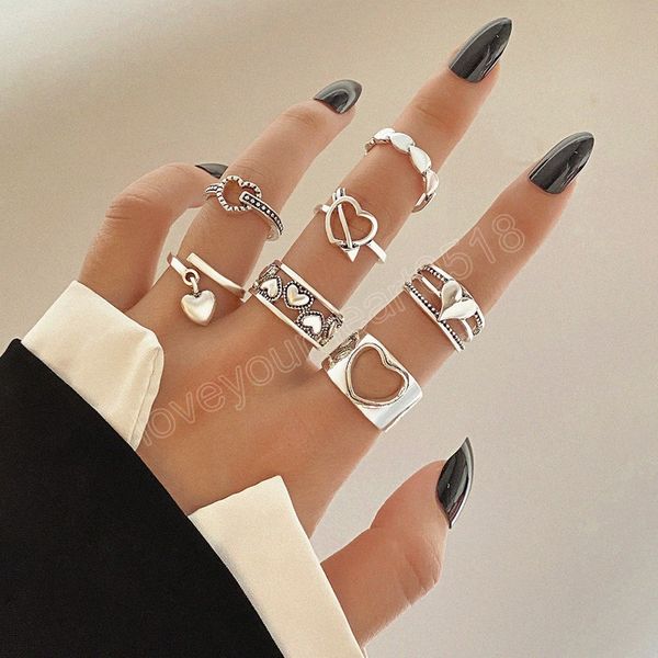 

silver color couple rings set heart shaped women's ring fashion love jewelry for women girls gift