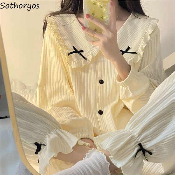 

womens sleepwear sweet long sleeve pajama sets women loose casual stylish chic homewear single breasted ins cute bow princess nightwear 2303, Black;red