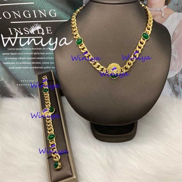 

2023 designer new gujia suit new letter green diamond thick chain necklace bracelet femininity light luxury fashion jewelry, Silver