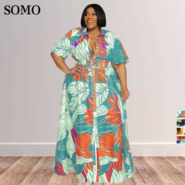 

plus size dresses summer women clothing short sleeve fashion print maxi casual lapel button long dress wholesale dropshipping 230307, Black