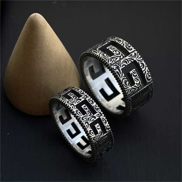 

2023 designer new fashion jewelry s925 ancient rattan geometric square hollow out ring used wide narrow version for men and women, Silver