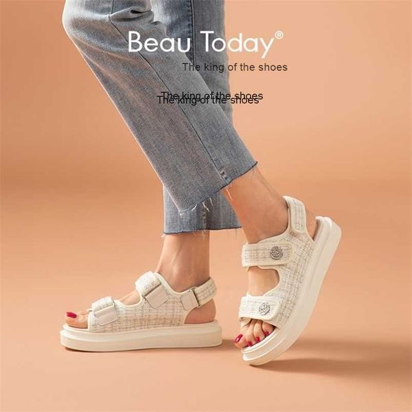 

slippersbeautoday platform sandal lattice round toe hook loop plaid cloth summer casual ladies outdoor shoes handmade 38161 220601, Black