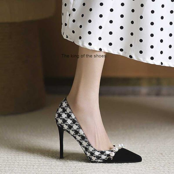 

dress shoes grid high-heeled women's fall new small fragrant professional work shoes pointy temperament small single shoes women, Black