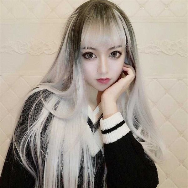 

wig womens gradient white long straight hair chemical fiber full head high, Black