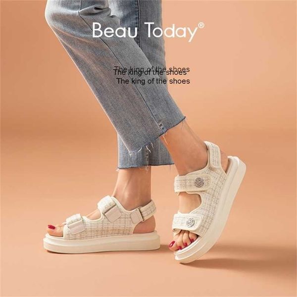 

slippersbeautoday platform sandals women lattice round toe hook loop plaid cloth summer casual ladies outdoor shoes handmade 38161 220406, Black