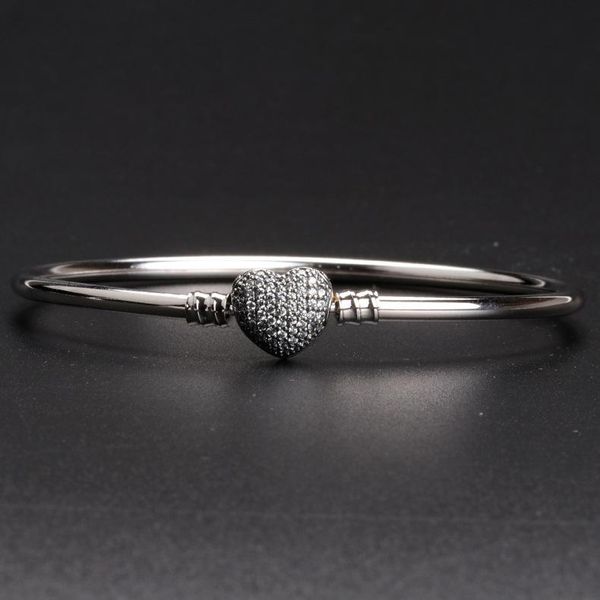 

heart shaped pave clasp bangle bracelet sets original box for 925 sterling silver fashion charm women gift for girlfriend, Black