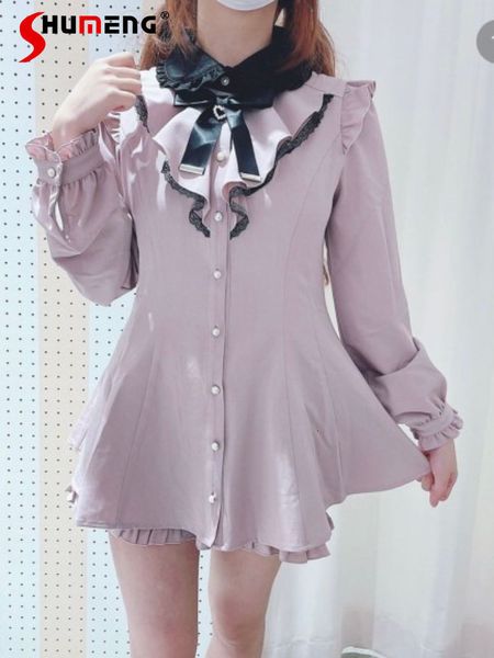 

womens two piece pants lolita set shorts and fall sets lace butterfly ruffles long sleeve blouse women outfits 230317, White