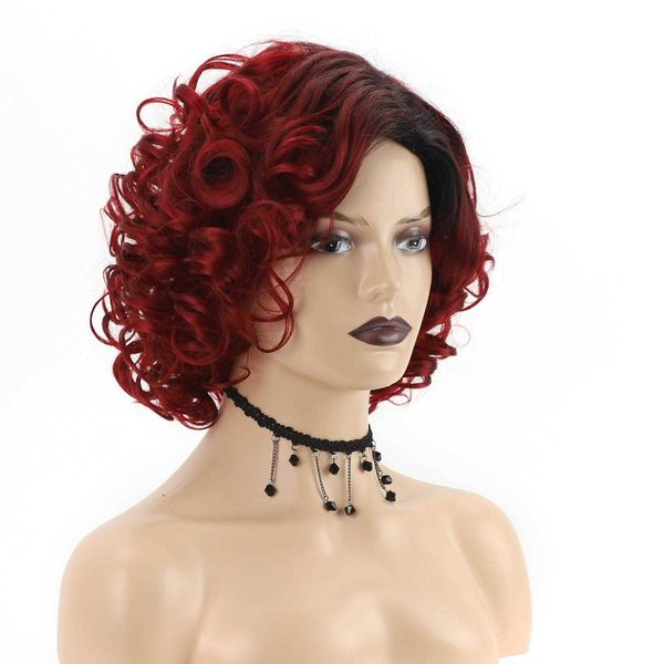 

wig womens wine red gradient short curly chemical fiber, Black