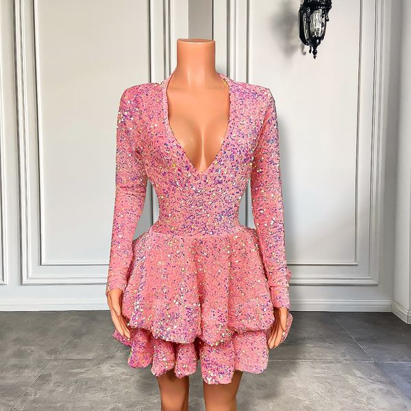 

pink short prom dress 2023 a-line sparkly long sleeve v-neck velvet sequined women birthday gala party gowns robe de soiree customed, Black